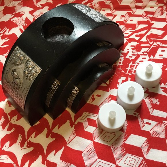 Vintage 90s Elephant Stamped Metal Wooden Space Saver Candle Holders - Picture 2 of 11